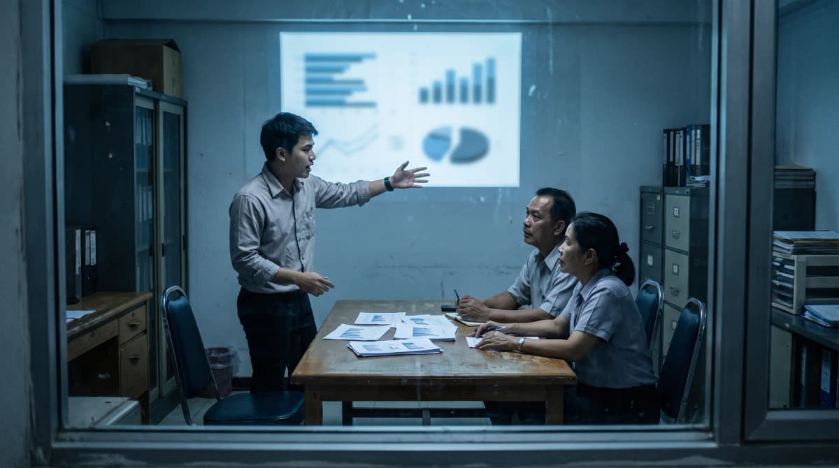 พนักงานหนุ่มนำเสนองานต่อหัวหน้าสองคนในห้องประชุมขนาดเล็ก