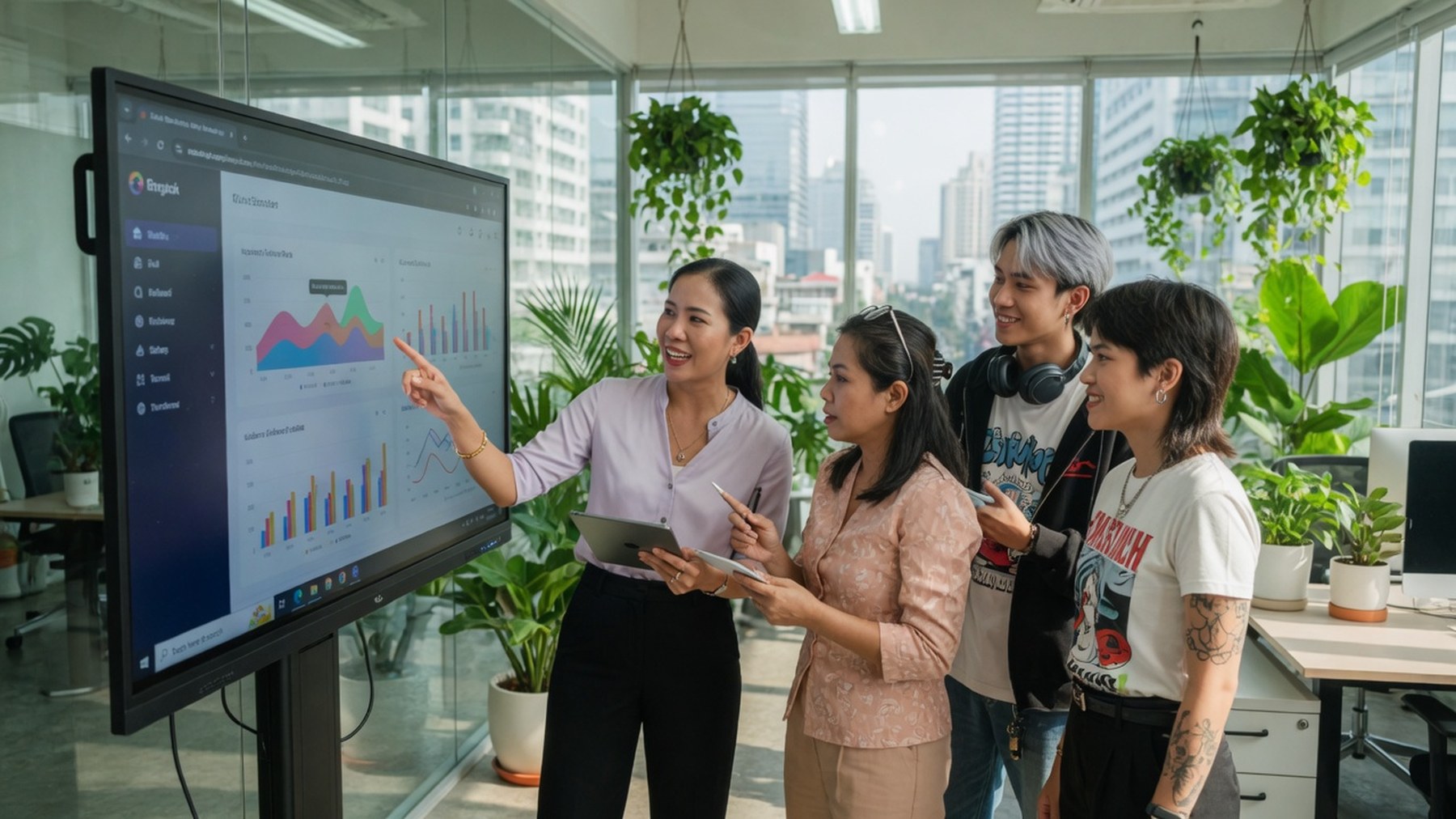 เพื่อนร่วมงานคุยโทรศัพท์แนะนำคนรู้จักข้างหน้าต่างออฟฟิศ