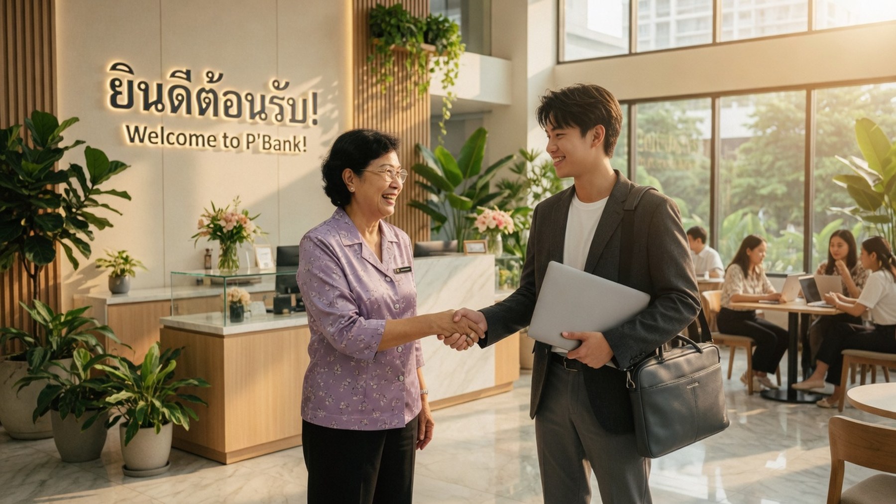 โต๊ะวันแรกของพนักงานใหม่พร้อมแล็ปท็อป สมุด และกาแฟในออฟฟิศสมัยใหม่